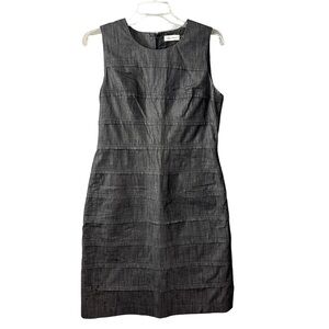 Calvin Klein Sleeveless Dress Pleats Black Gray Chambray Sheath US 8 Career Work